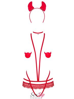Эротический костюм чертика из стреп Obsessive Evilia teddy red S/M, боди, чокер, накладки на соски, SO7706 фото