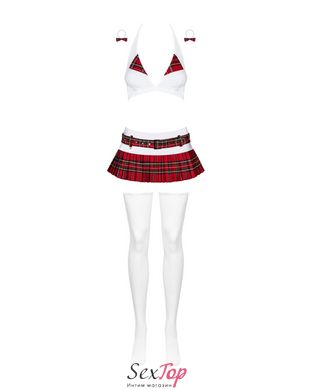 Эротический костюм школьницы с мини-юбкой Obsessive Schooly 5pcs costume L/XL бело-красный, топ, юбк SO7305 фото