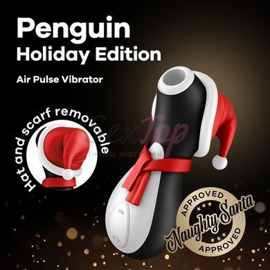 Вакуумный вибратор пингвин Satisfyer Penguin Holiday Edition, в шапочке и шарфе,  - 7