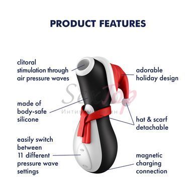 Вакуумный вибратор пингвин Satisfyer Penguin Holiday Edition, в шапочке и шарфе,  - 8