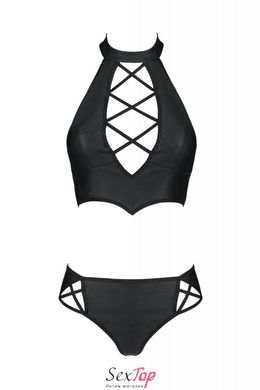 Комплект з екошкіри Passion Nancy Bikini 4XL/5XL black, бра та трусики з імітацією шнурівки SO7102 фото