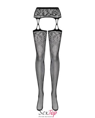Панчохи-стокінги з рослинним малюнком Obsessive Garter stockings S206 black S/M/L чорні, імітація га SO7265 фото