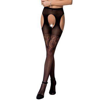 Колготки-бодістокінги з відкритим доступом Passion S017 One Size, Black, імітація панчіх та пояса, Черный - 1