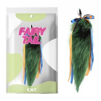 Анальний корок з пухнастим зеленим хвостом Detachable Fluffy Fox Tail Plug Green 18.5, серебро - 1