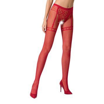 Колготки-бодістокінги Passion S012 One Size, Red, імітація панчіх, пояса та мереживних трусиків, Червоний - 1