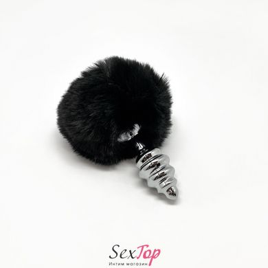 Металева анальна пробка Кролячий хвостик Alive Fluffy Twist Plug S Black, діаметр 2,9 см SO6307 фото