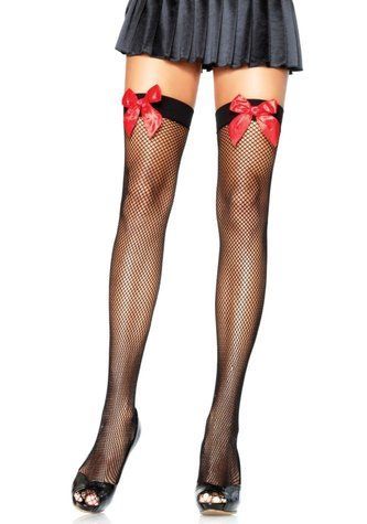 Чулки-сетка с атласным бантиком Leg Avenue Fishnet Thigh Highs One size Black With Bow Red &mdash;  фото товара 1