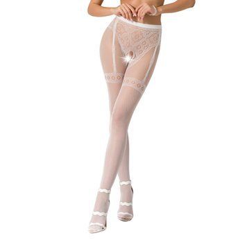 Колготки-бодістокінги Passion S012 One Size, White, імітація панчіх, пояса та мереживних трусиків, Білий - 1