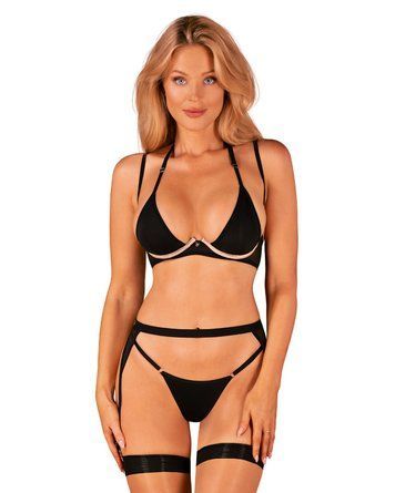 (SALE) Комплект білизни Obsessive Selinne 3-pcs set XS/S Black, бюстгальтер, стрінги пояс для панчіх - фото товару 1