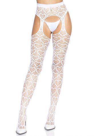 Ажурні колготки із сердечками Leg Avenue Heart White, one size, імітація панчіх - фото товару 1