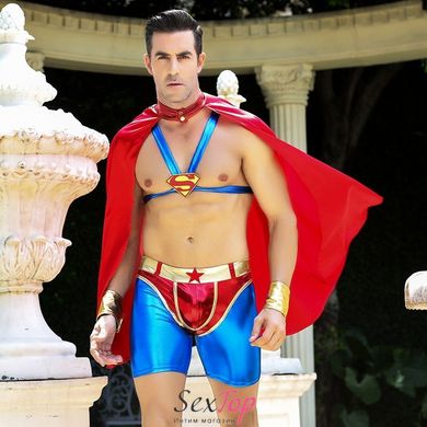 Мужской эротический костюм супермена "Готовый на всё Стив" One Size: плащ, портупея, шорты, манжеты SO2292 фото