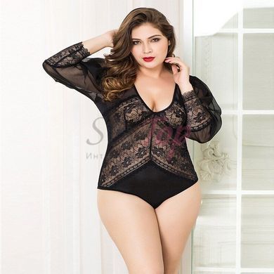 Кружевное боди JSY &laquo;Соблазнительная Мери&raquo; Plus Size, Black, рукава-фонарики, мелкая сетка &mdash;  фото товара 3