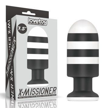 Велика анальна пробка для фістингу на присосці біло чорного кольору Lovetoy X Missioner Butt Plug довжина 195 мм, Черно/Белый - 1