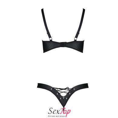 Комплект из экокожи Celine Bikini black L/XL — Passion: открытый бра с лентами, стринги со шнуровкой SO6400 фото