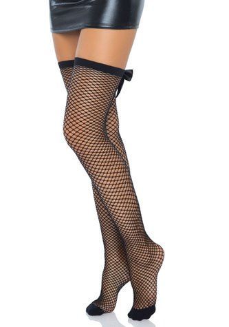 Чулки-сетка со швом сзади Leg Avenue Bow back seam thigh highs One size Black, атласный бант &mdash;  фото товара 1