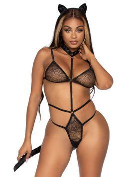 Эротический костюм кошки Leg Avenue Roleplay Sex Kitten One size Black, боди, ушки, чокер,  - 1