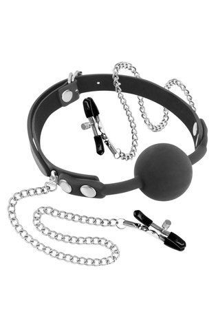 Кляп с силиконовым шариком и зажимами для сосков Fetish Tentation Gag Ball with Nipple Clamps &mdash;  фото товара 1
