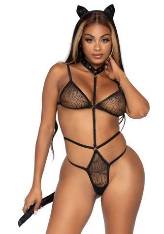 Эротический костюм кошки Leg Avenue Roleplay Sex Kitten One size Black, боди, ушки, чокер &mdash;  фото товара 1