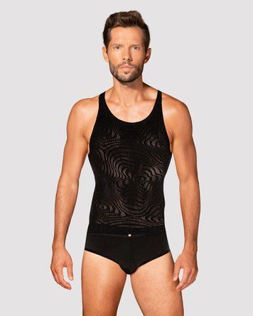 Мужская полупрозрачная майка-борцовка с узором Obsessive T103 tank top S/M/L, черная &mdash;  фото товара 1