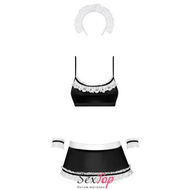 Атласный эротический костюм горничной Obsessive Maid set S/M, black, топ, юбка, стринги, манжеты, об SO7715 фото