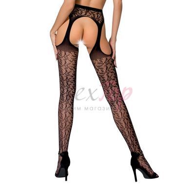 Эротические колготки-бодистокинг Passion S014 black, имитация чулок в сеточку и пояса &mdash;  фото товара 2