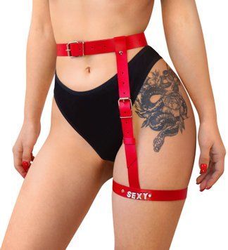Гартер на ногу Art of Sex - Naomi з написом SEXY, натуральна шкіра, розмір XS-2XL, колір червоний,  - 1