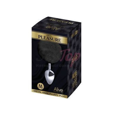 Металлическая анальная пробка Кроличий хвостик Alive Fluffy Plug M Black, диаметр 3,4 см &mdash;  фото товара 2
