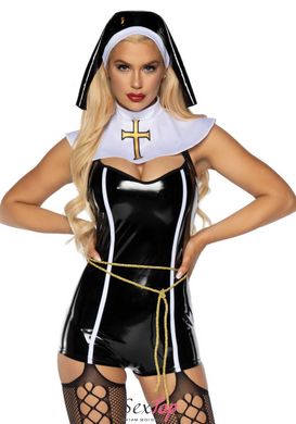 Виниловый костюм монашки Leg Avenue Sinful Sister S, комбинезон, воротник, пояс, головной убор SO7991 фото