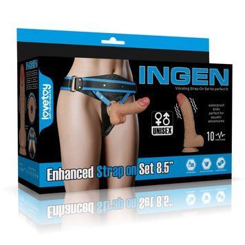 Ременной вибрострапон реалистичный на присоске телесного цвета Lovetoy Vibrating Enhanced Strap on Set трусы L/XL/2XL &mdash;  фото товара 1
