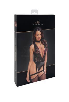 Боди Noir Handmade F297 Libido Deep-V bodysuit with collar, pearl chain and garter - XL &mdash;  фото товара 6