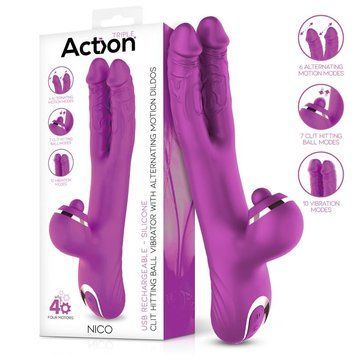 Двойной реалистичный вибратор с отростком для клитора фиолетовый Action Nico Vibe Clit Hitting Ball Alternating Dildos &mdash;  фото товара 1