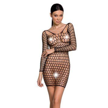 Бодистокинг-платье с глубоким воротом Passion BS093 black, длинные рукава,  - 1