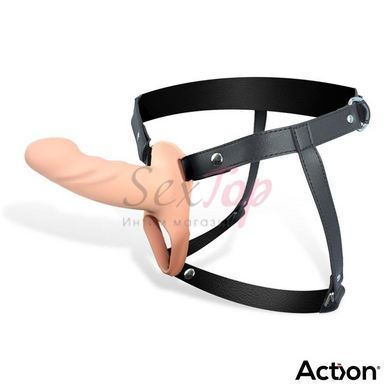 Ременной страпон для мужчин полый с петлей на мошонку телесного цвета Action Strap-On Hollow Dildo Premium размер S &mdash;  фото товара 2