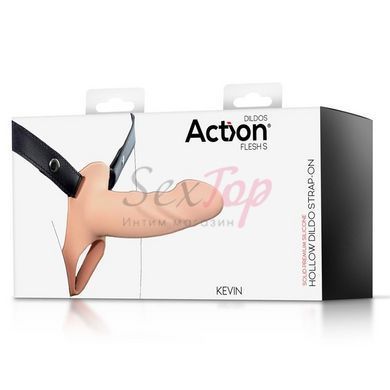 Ременной страпон для мужчин полый с петлей на мошонку телесного цвета Action Strap-On Hollow Dildo Premium размер S &mdash;  фото товара 10