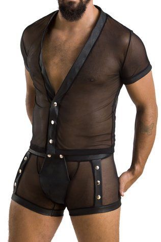 Комплект сетчатого мужского белья Passion 052 Set Michael XXL/XXXL Black, рубашка, боксеры, заклепки &mdash;  фото товара 1