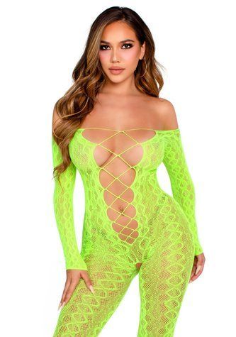 Бодістокінг Leg Avenue Crotchless Footless Lingerie Bodystocking One Size Neon Green - фото товару 1
