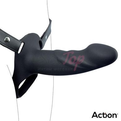 Ременной страпон для мужчин полый с петлей на мошонку черного цвета Action Strap-On Hollow Dildo Premium размер L &mdash;  фото товара 4