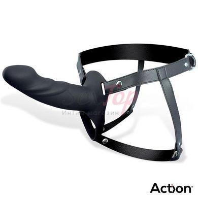 Ременной страпон для мужчин полый с петлей на мошонку черного цвета Action Strap-On Hollow Dildo Premium размер L &mdash;  фото товара 2
