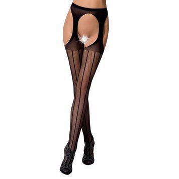 Сітчасті панчохи-стокінги Passion S018 One Size, Black, імітація пояса, сітка з вертикальними смужка, Черный - 1