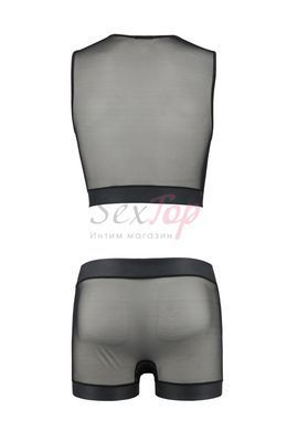 Комплект чоловічої білизни на шнурівці Passion 053 SET WILLIAM S/M Black, жилет, боксери - фото товару 4