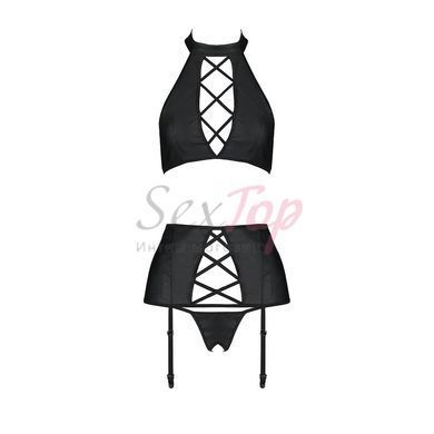Комплект из эко-кожи с имитацией шнуровки Nancy Set black L/XL - Passion топ, трусики и пояс для чул &mdash;  фото товара 3