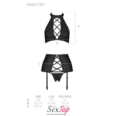 Комплект из эко-кожи с имитацией шнуровки Nancy Set black S/M - Passion топ, трусики и пояс для чуло SO5374 фото